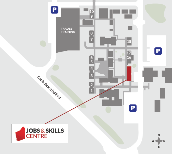 Broome Jobs and Skills Centre is just south of room 16, near the south and east car parks.