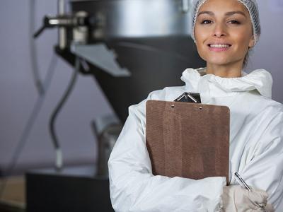 Lady with clipboard standing in front of rendering boiler